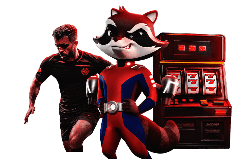 La mascota mapache de BetFury junto a un deportista y una máquina tragamonedas